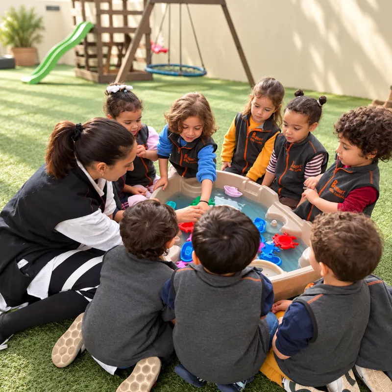 Enfants jouant autour d'une table à eau avec leur éducatrice dans le jardin de la crèche B.smart