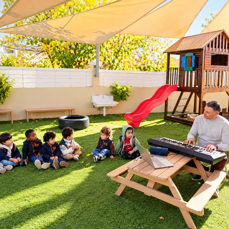 Atelier musique au clavier dans le jardin de la crèche B.smart