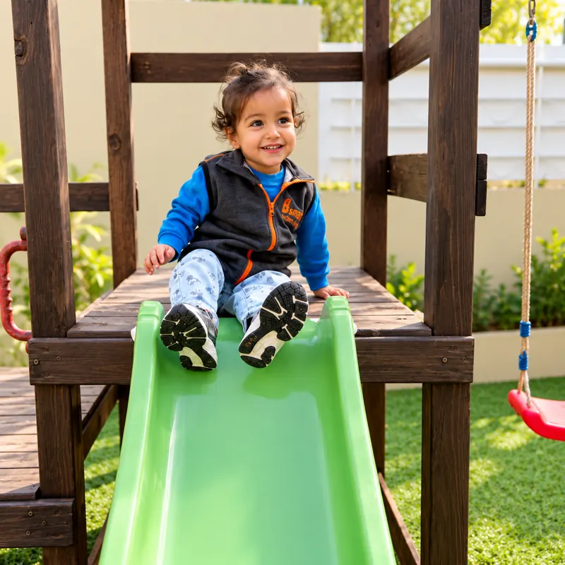 Tout-petit souriant en haut du toboggan dans le jardin de la crèche B.smart