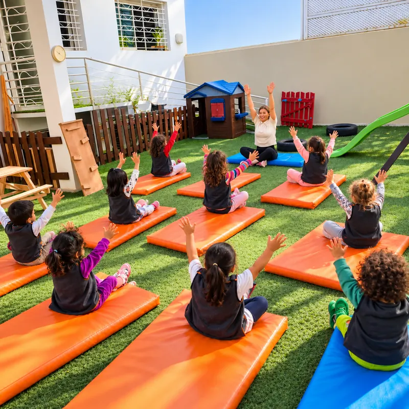 Séance de yoga collective dans le jardin de la crèche B.smart