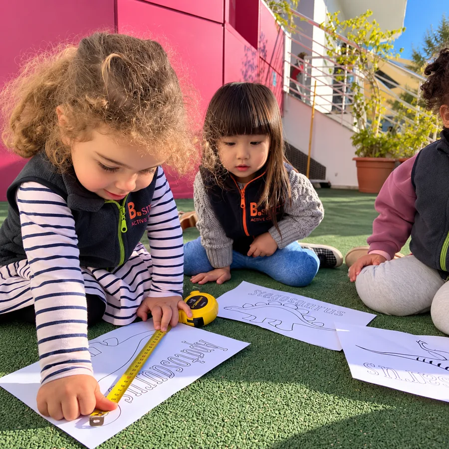 Enfants mesurant des dessins de dinosaures avec un mètre ruban à la crèche B.smart